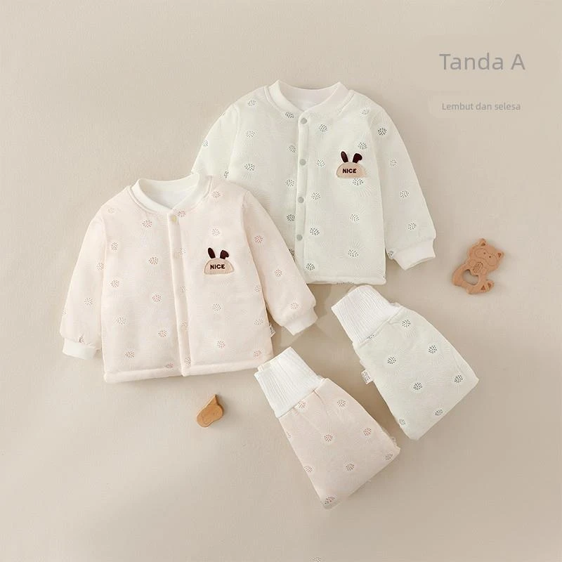 婴儿保暖分体套装婴儿秋冬高腰护肚套装男女宝宝卡通保暖长袖