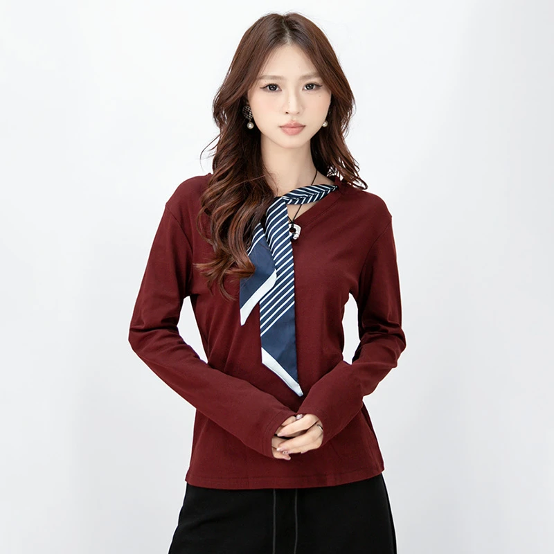 早秋学院风配丝巾V领长袖T恤衫女学生新款纯色宽松休闲长袖上衣