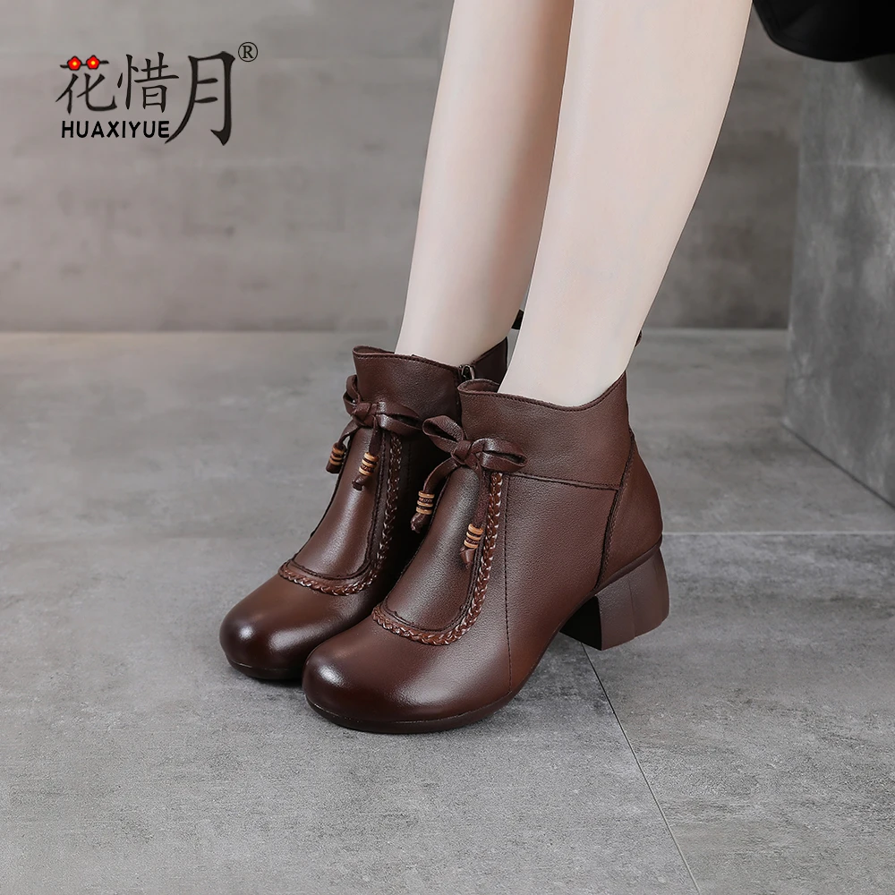 2025头层牛皮短靴复古风女靴女士冬季加绒二棉鞋圆头时尚粗跟靴子