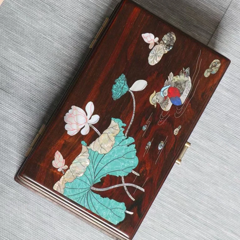 老挝大红酸枝百年好合螺钿和和美美中国风耳环饰品收纳首饰盒