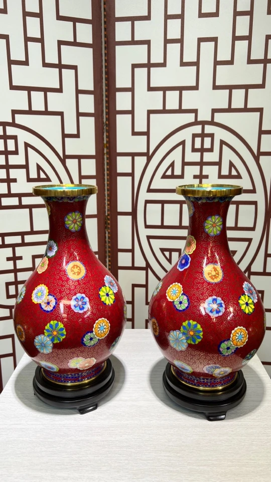 精品玉壶春花瓶总高34厘米宽18厘米紫铜手工胎鎏金掐丝珐琅景泰蓝