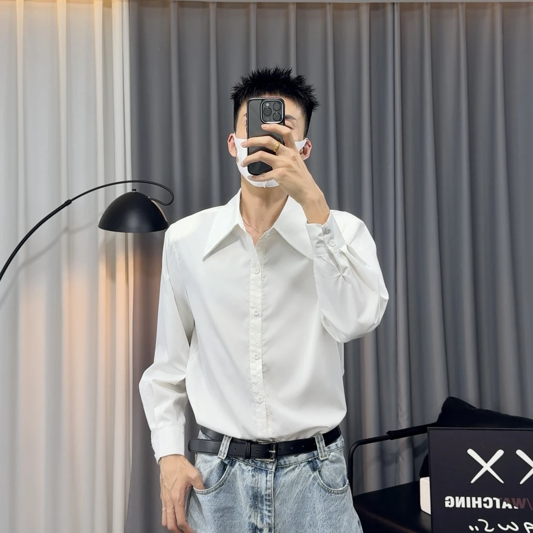 夏季大领口韩版宽松垫肩透气长袖白色衬衫男士百搭休闲时尚上衣