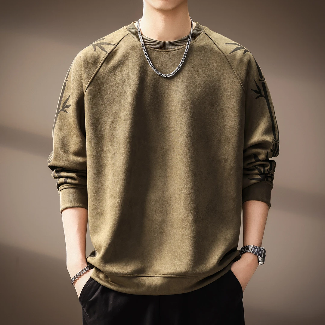 高端美式复古竹叶印花麂皮绒卫衣男秋季新款宽松休闲打底长袖T恤