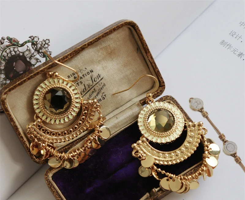 铜合金仿水晶耳饰 【落日鎏金】复古耳环优雅法式耳坠