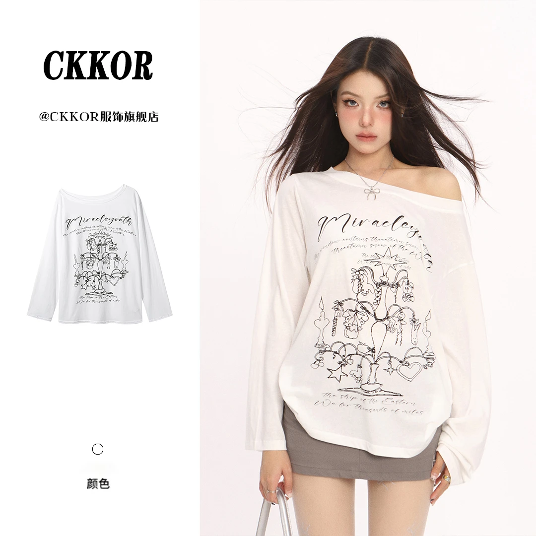 CKKOR美式时尚露肩长袖t恤女夏季新款防晒罩衫宽松慵懒风休闲上衣