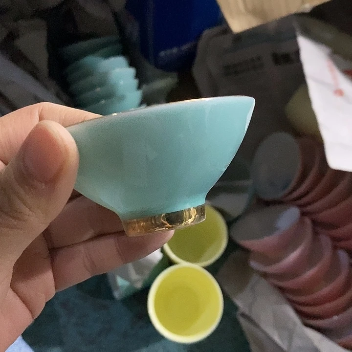 摆件陶绿色描金手绘斗笠杯