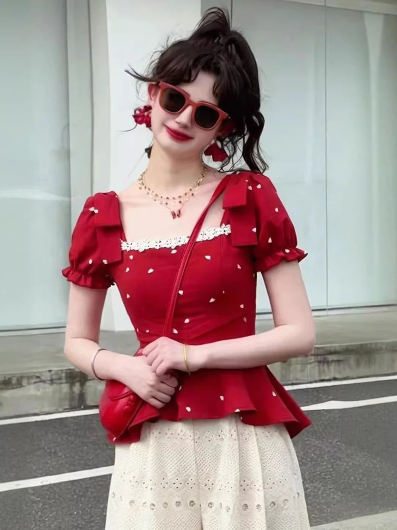 法式荷叶边波点蝴蝶结泡泡袖衬衫女夏季收腰显瘦别致独特红色上衣