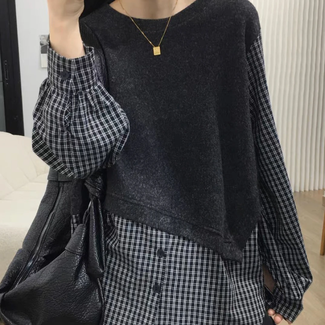 细米定制复古格纹拼接假两件圆领卫衣宽松休闲百搭长袖衬衣上衣女