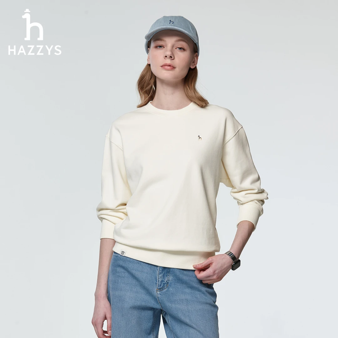 HAZZYS哈吉斯春季女士时尚休闲卫衣圆领宽松落肩潮流长袖上衣