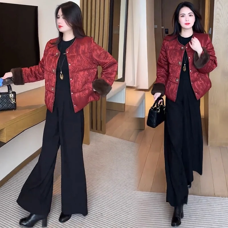 新中式棉服女2025年冬季新款洋气显瘦国风提花圆领保暖棉衣外套