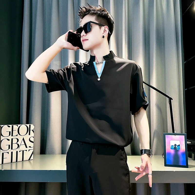 夏季透气冰丝抗皱假两件男短袖寸衫休闲痞帅速干POLO上衣半袖衬衣