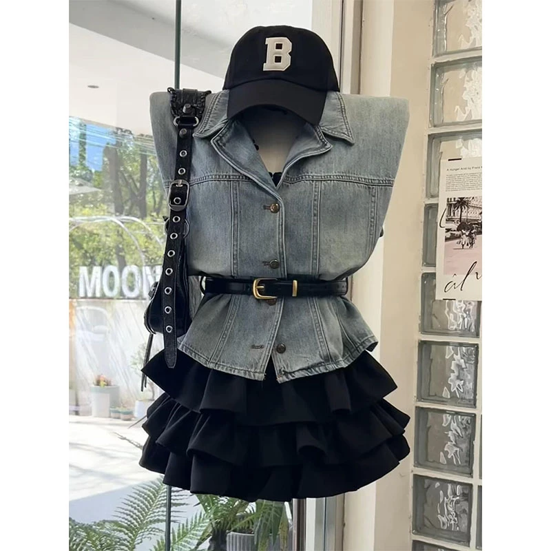 时尚套装女2025夏季新款复古无袖牛仔背心马甲百搭蛋糕短裙两件套