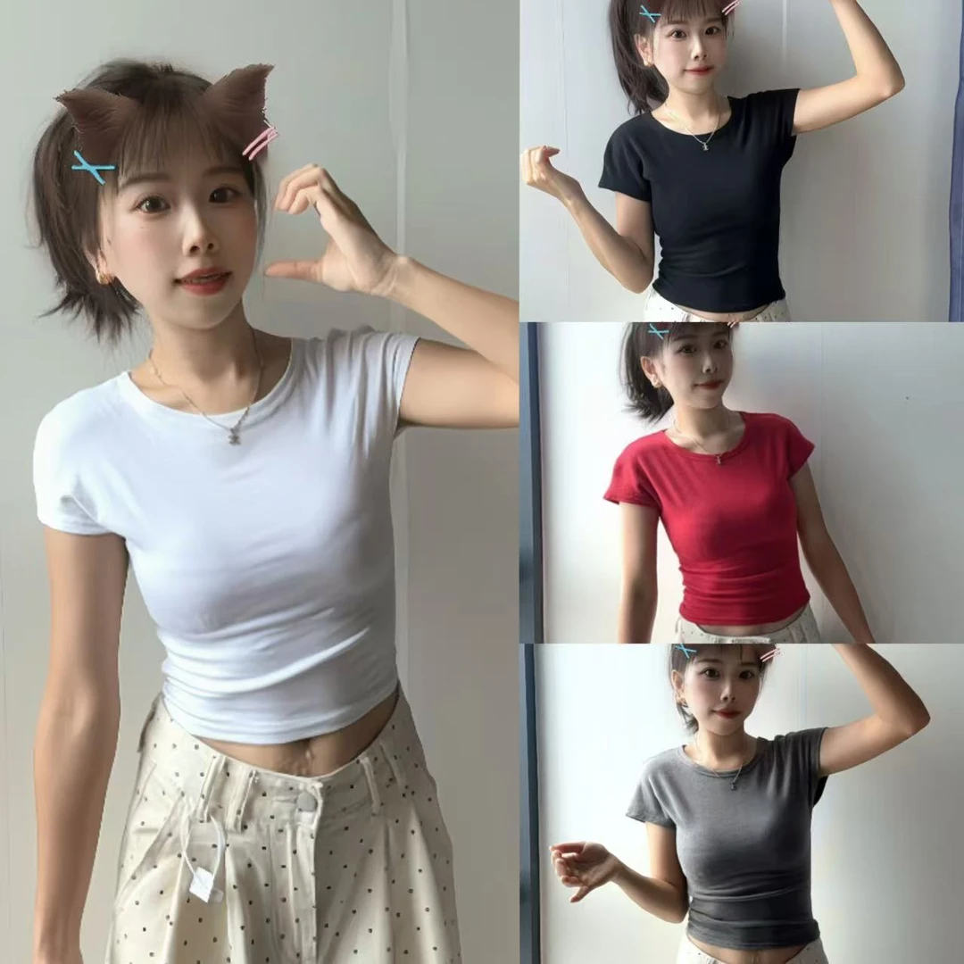 142小个子辣妹短款露脐t恤女修身正肩百搭弹力短袖