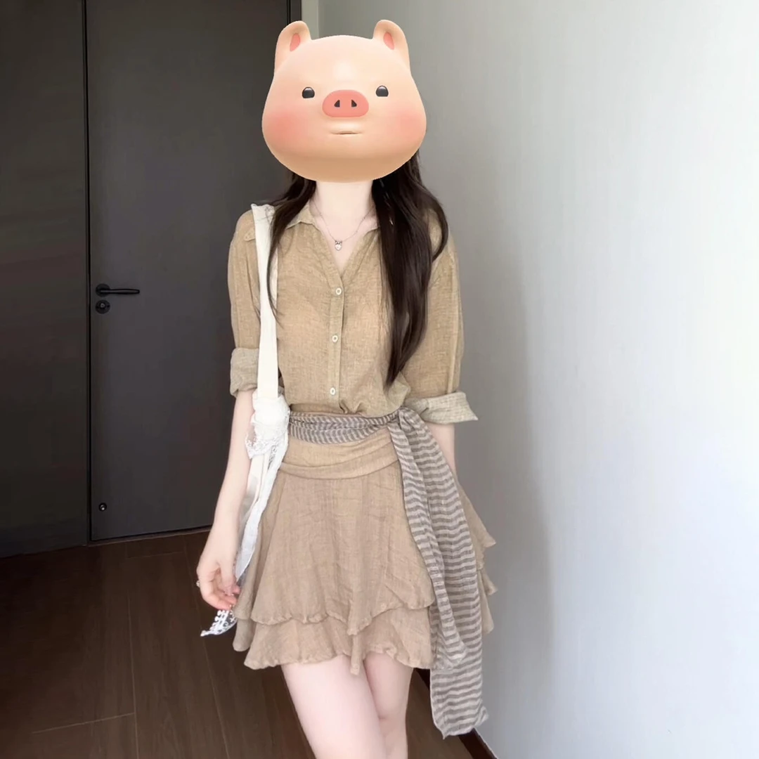 小个子夏季穿搭衬衫套装连衣裙子女装2025新款绝美巨好看掐腰短裙