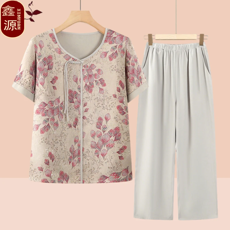 中老年夏装套装中老年女装奶奶两件套老年大码短袖衬衫太太衣服