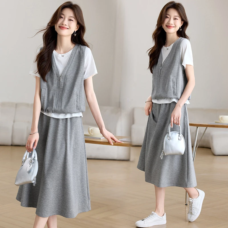 假两件短袖T恤半身裙两件套女2025年夏季新款时尚休闲简约套装女
