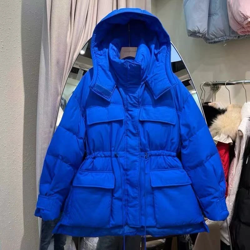 郭幂幂同款羽绒服女加厚连帽收腰抽绳2025冬爆款时尚中长白鸭绒