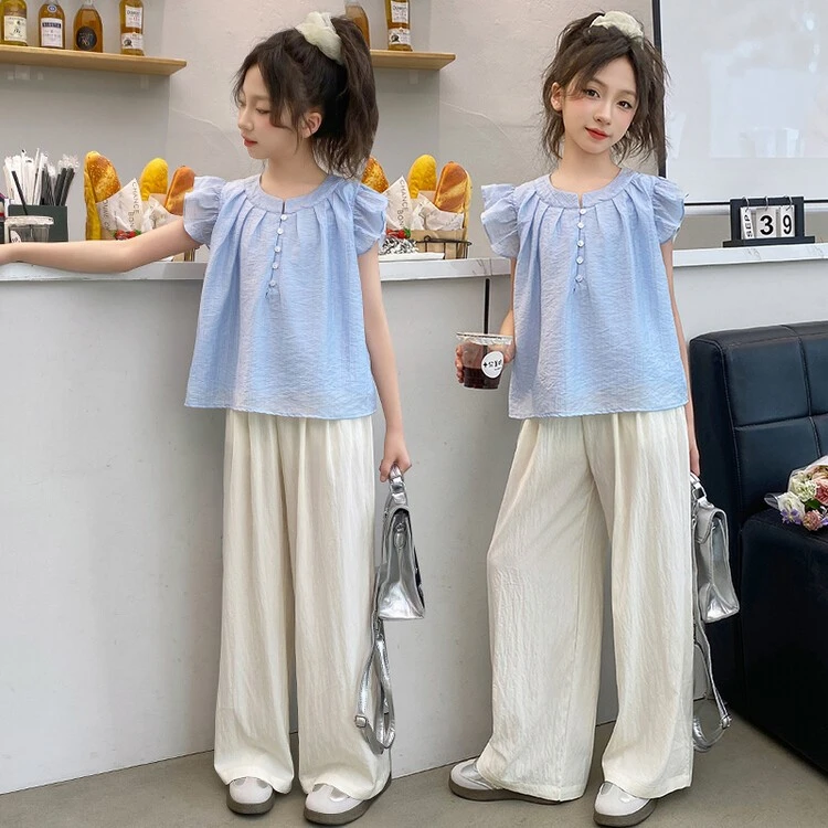女童甜美套装简约夏季纯色中大童夏天飞袖山本裤子薄款两件套时髦