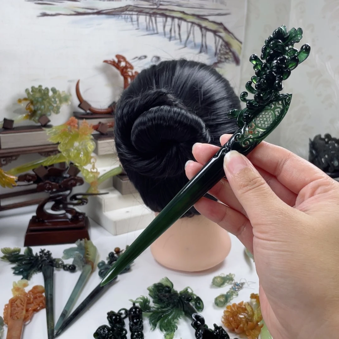 岫玉发饰未镶嵌得****下岫玉菊花花阁发簪