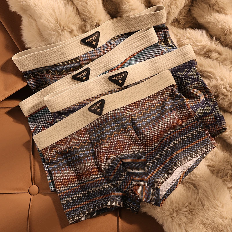 蔚影男士内裤男款民族风潮流平角裤95%棉透气四角裤头中腰短裤衩