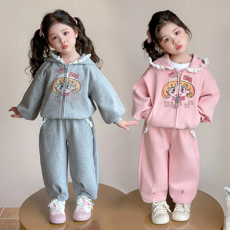 女童花边连帽套装洋气儿童春秋季新款女宝宝休闲两件套小女孩时髦