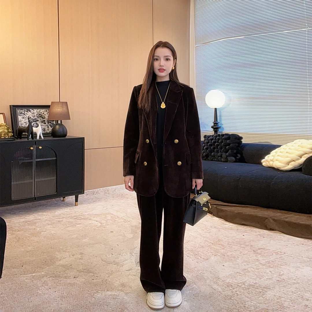 加棉加厚韩系金属扣韩系宽松网红设计师女士高奢气质西装套装969