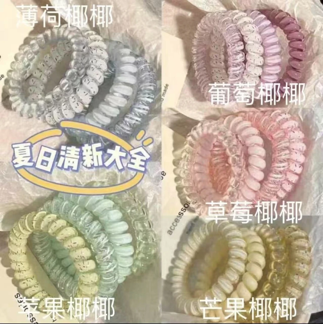 高品质电话线发圈高弹力波点发绳夏天头绳女发饰耐用无痕塑料薄荷