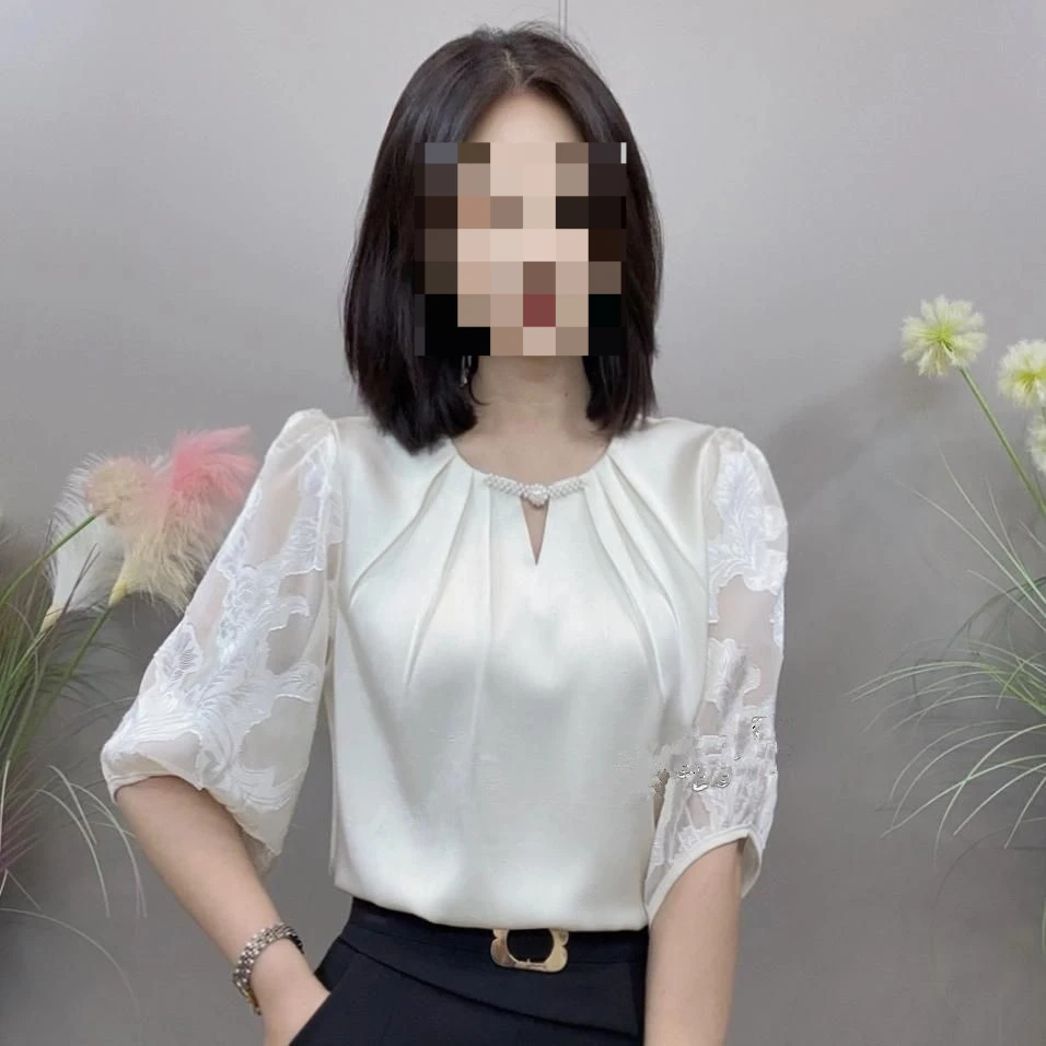 原版提花缎面新品雪纺衬衫七分袖简约通勤提花上衣设计感盘扣衬衣