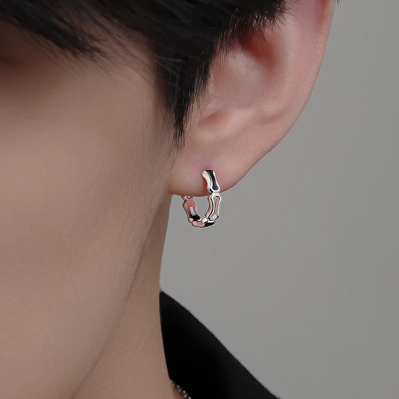 足银耳饰 竹节耳环男生潮ins冷淡风小众设计感耳钉嘻哈风耳饰