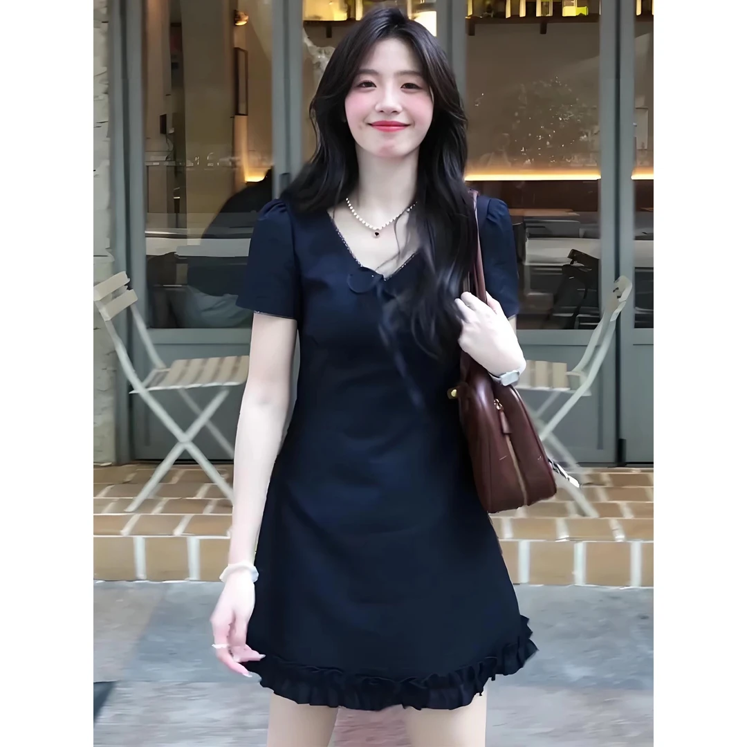 韩系V领连衣裙裙子小个子时尚小香风夏季短袖修身短款显瘦气质
