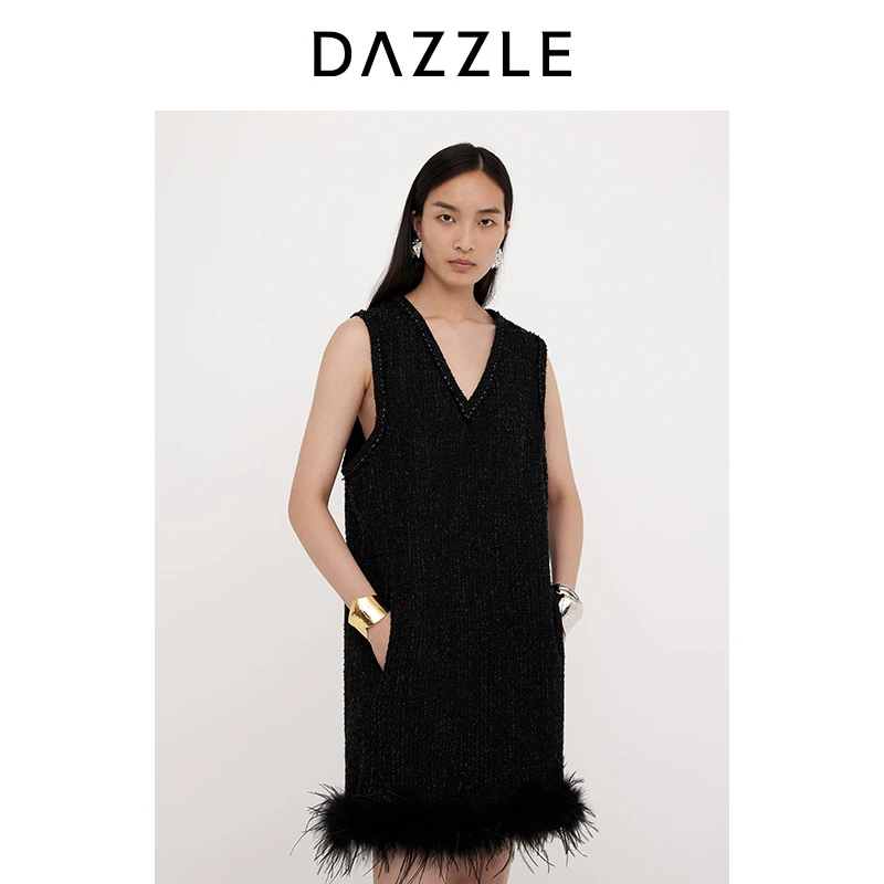 DAZZLE 地素连衣裙2025年春季新款黑色粗花呢连衣裙2J1O305