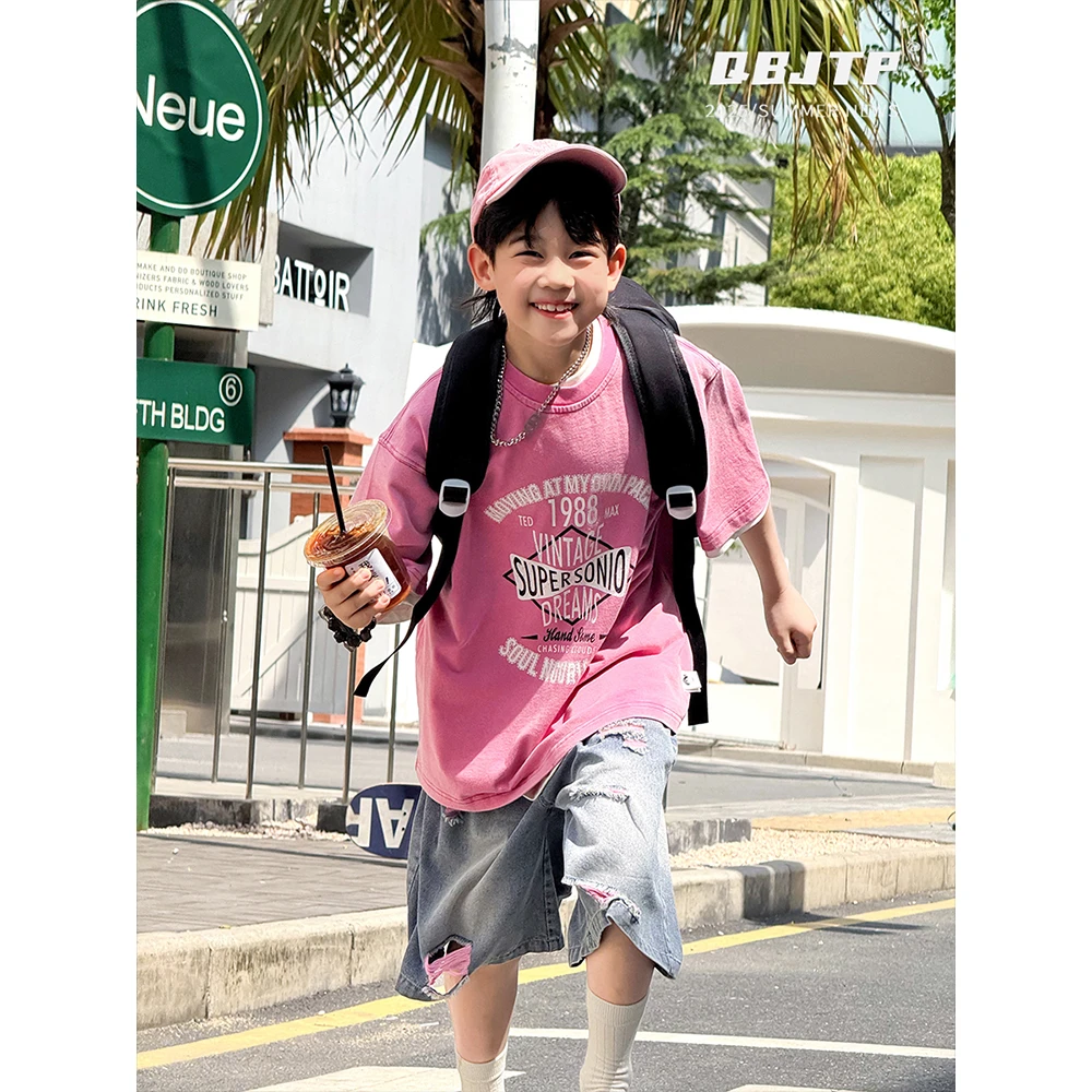 Q宝家童品5月新款 儿童短袖t恤夏装薄款男童水洗做旧T恤帅气上衣