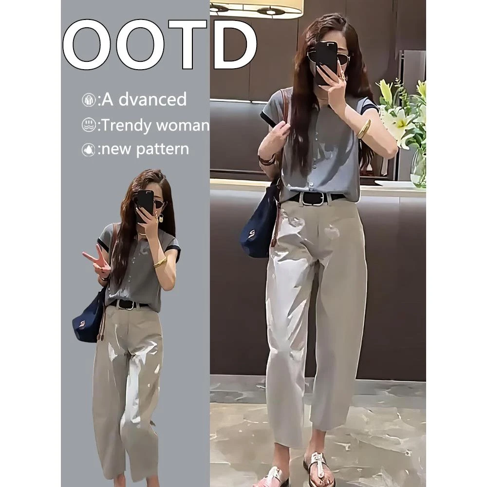 夏装搭配一整套欧货时尚高级感小个子微胖显瘦盐系轻熟休闲裤套装