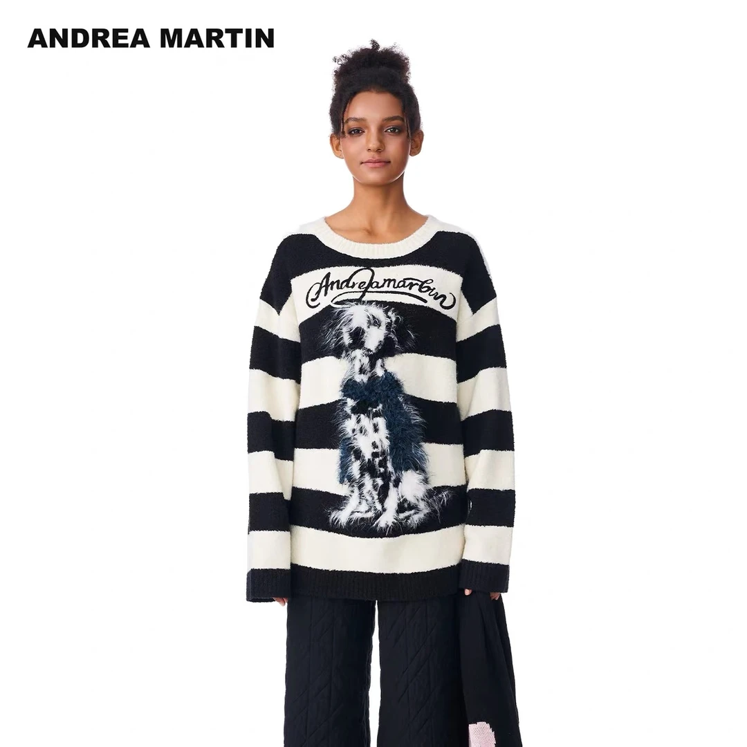 Andrea Martin25秋冬新款条纹狗狗印花毛衣条纹针织衫