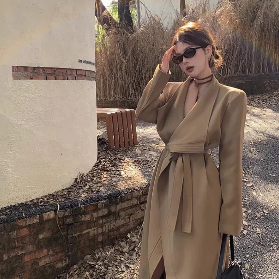 大码长款秋季翻领绑带风衣外套