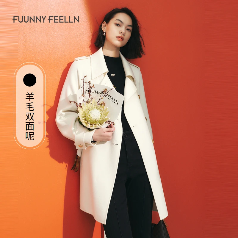 仿佛秋冬羊毛气质大衣女双排扣休闲设计感白色双面呢时尚FL00306