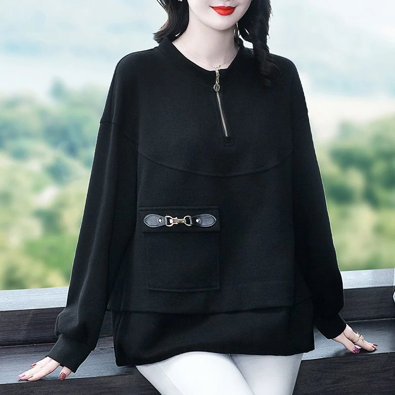 大码女装卫衣女新款贵太太拉链休闲口袋减龄宽松显瘦上衣250091