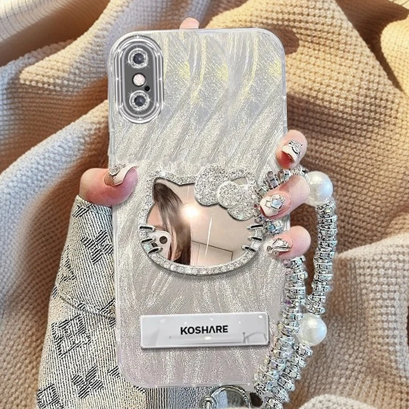 自带镜头膜苹果X手机壳iPhoneXR镶钻kt猫镜子苹果XSMax软壳XS羽纱