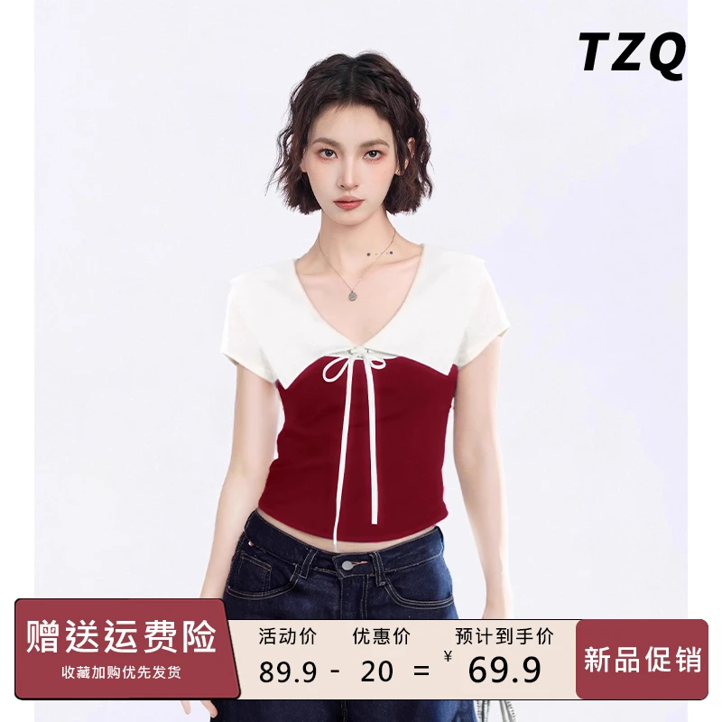 红色撞色大翻领正肩短袖t恤女夏季美式设计感系带上衣TZQ2561746