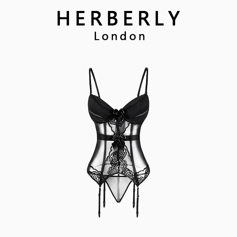 英国 HERBERLY 小胸显大紫色蕾丝马甲睡衣女士免脱性感塑身连体衣
