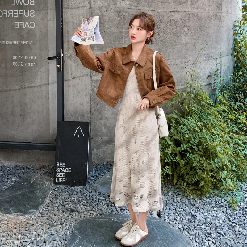 咖色气质翻领休闲短外套显瘦裙两件套女2025秋冬新款小个子套装