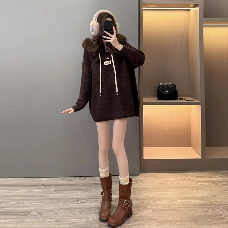 网红洋气大毛领连帽毛衣女秋冬韩版慵懒风显瘦宽松百搭长袖针织衫