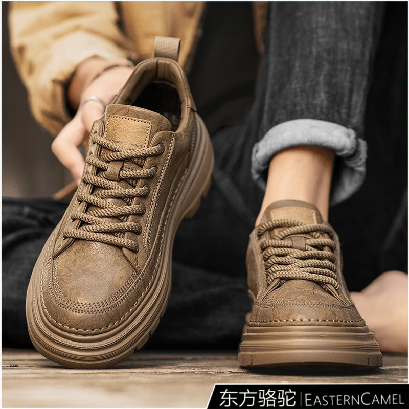 东方骆驼男鞋秋冬新款棕色复古休闲皮鞋男士软底皮面防水工装板鞋