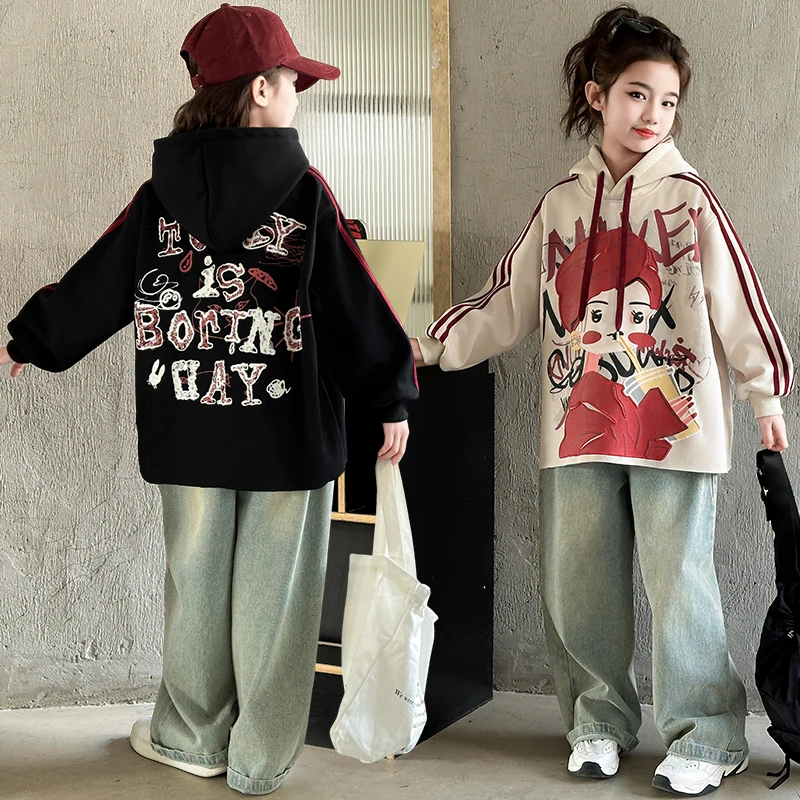 女童童装春秋新款卫衣连帽长袖大童立体印花套装2025新款中大童潮