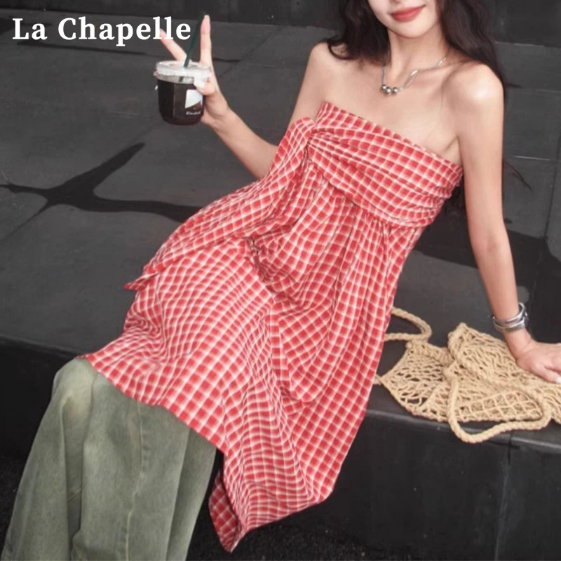 拉夏贝尔红色格子无袖抹胸连衣裙修身绑带中长裙露背宽松a字裙子