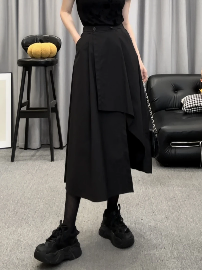黑色不规则一片式半身裙女高腰显瘦简约洋气长裙子春新款