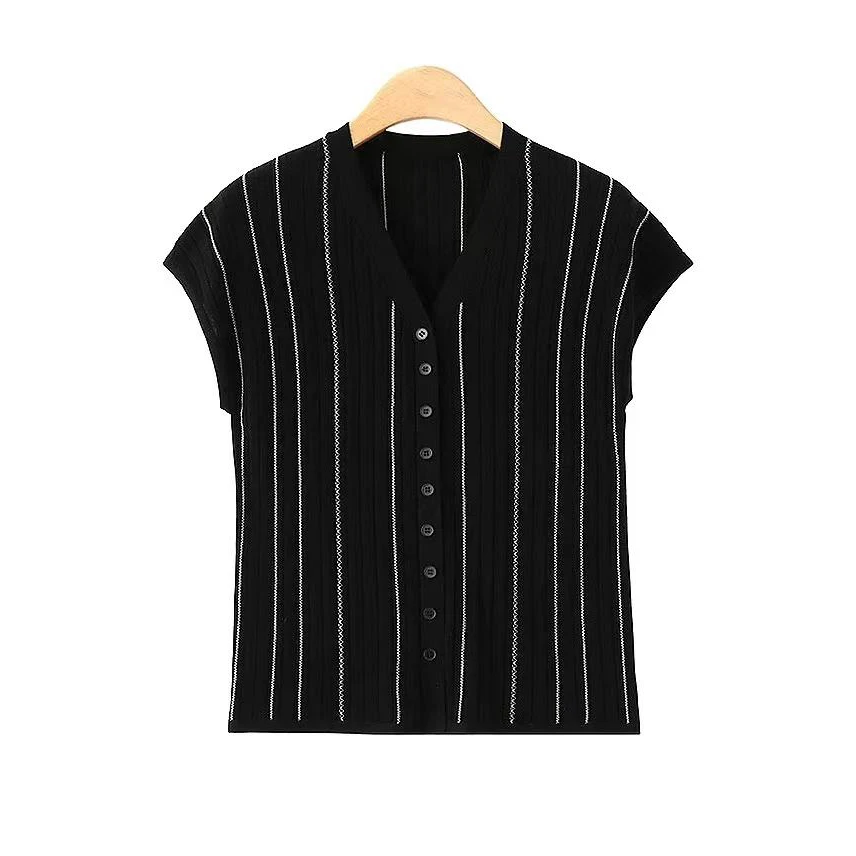 B 门店42&9！老钱风开衫」莱赛尔天丝条纹飞飞袖针织T恤上衣女T4612