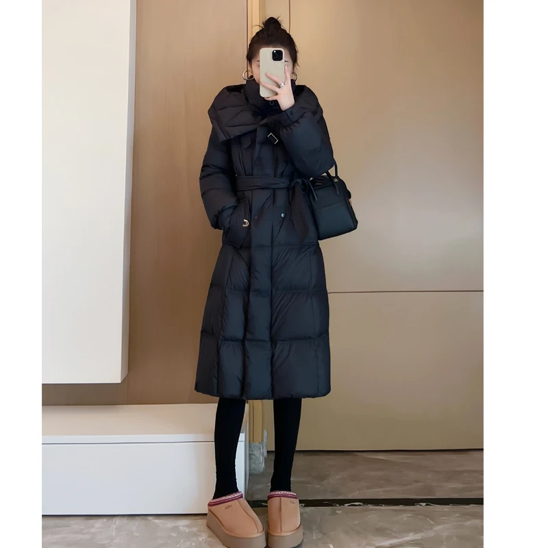 【奥莱撤柜】高级感长款连帽羽绒服女2025冬季冬季中长款羽绒风衣