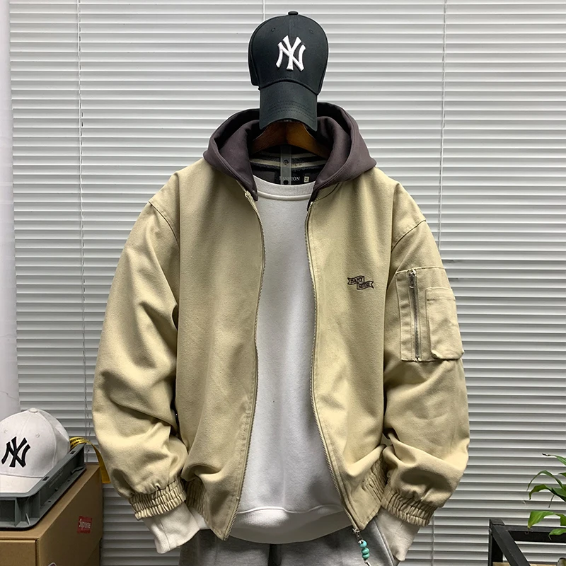 连帽假两件外套男士2025春秋新款休闲宽松潮牌百搭高街痞帅夹克