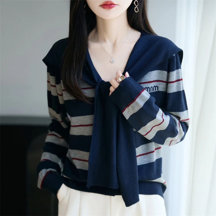 春秋时尚休闲假两件披肩领条纹针织衫女毛衣宽松显瘦百搭打底上衣